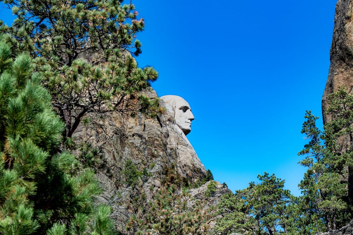 Mount Rushmore National Memorial with the carved faces of four presidents against a clear blue sky surrounded by Black Hills pine forest