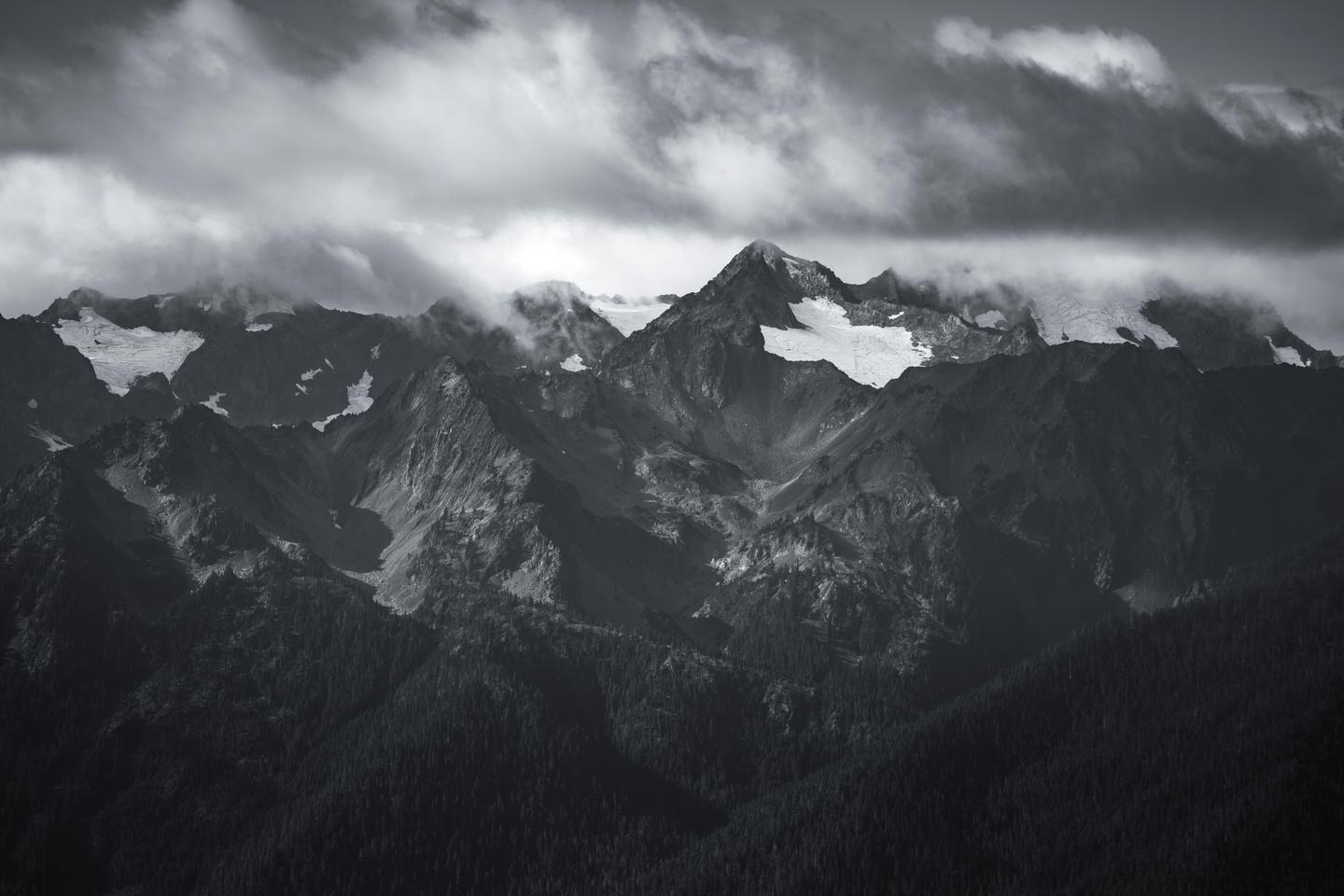 Dramatic mountain peaks in Olympic National Park overlooking Port Angeles and the Strait of Juan de Fuca