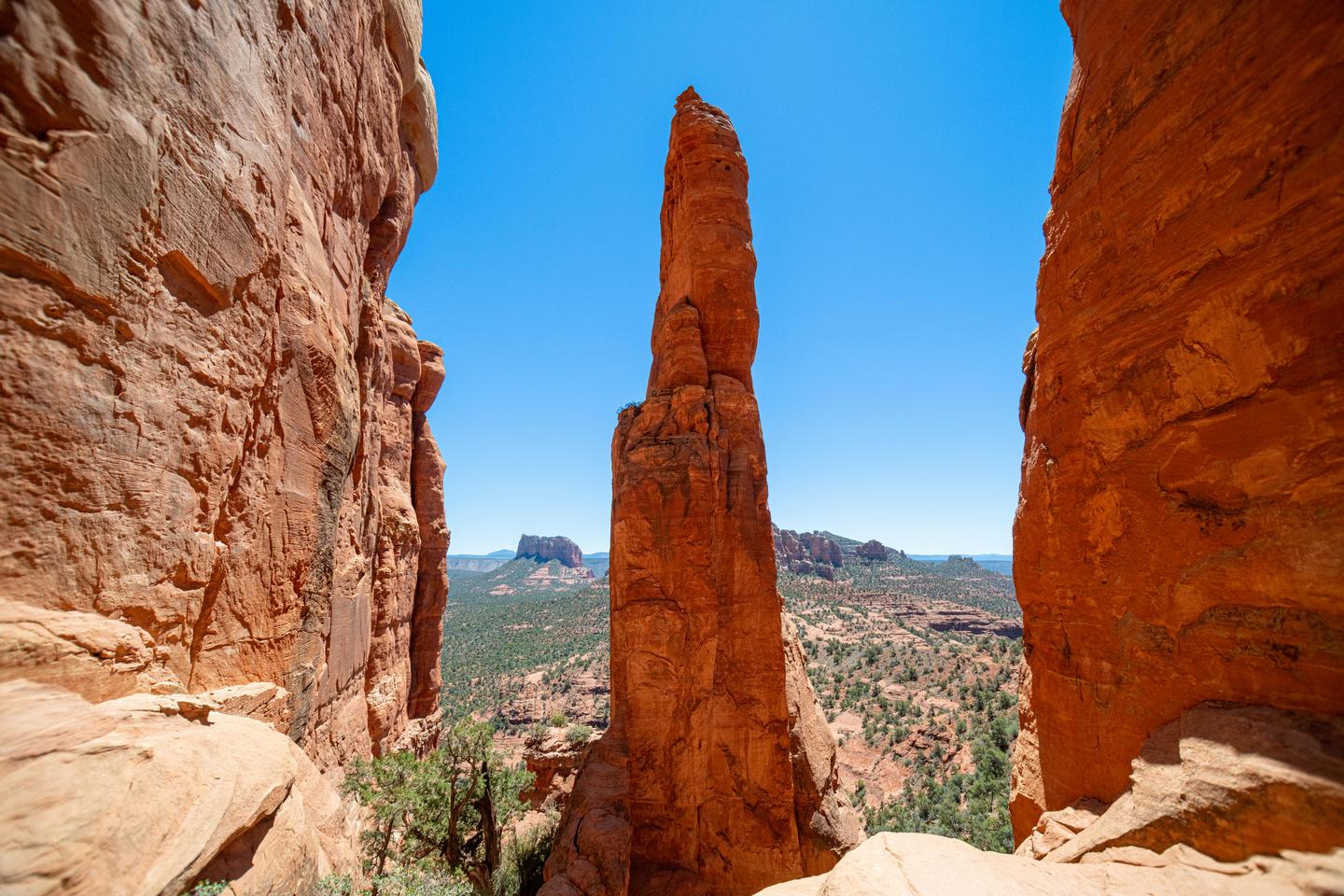 Sedona's iconic red rock formations rising above desert landscape with scattered juniper trees at sunset