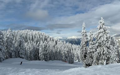 Snow-covered mountain peaks and ski slopes at Whistler Blackcomb resort during winter